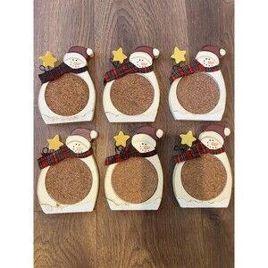 Wooden Painted Snowman Coaster Set 6 Pieces Winter Holiday Christmas